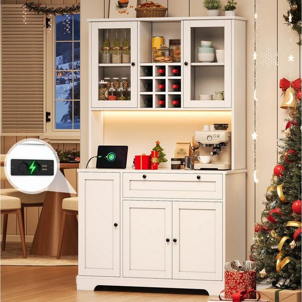 Flieks Küchenbuffet mit Steckdose, LED-Beleuchtung, Weinregal, Glastüren und Türablagen (1-St, 105x40x180 cm) Hochschrank Küchenschrank Geschirrschrank mit verstellbare Ablagen
