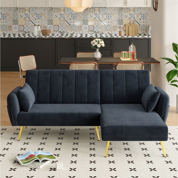 Merax Schlafsofa L-Form Klappsofa Samt Schlafsofa Ecksofa mit Schlaffunktion, 2–3 Sitzplätze, Metall-Rohrfüße 1 Teile, 3-Sitzer-Sofa mit verstellbarer Rückenlehne und Aufbewahrungstaschen