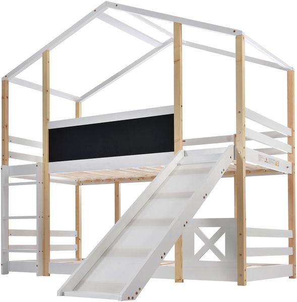 Spielbett 90×200 cm mit Rausfallschutz, Rutsche und Tafel, Weiß, ohne Matratze Bild 6