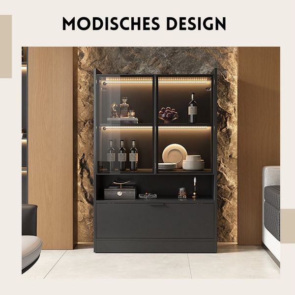 SeedWave Vitrine LED Glasvitrine Anti-Kipp Vitrinenschrank mit 2 Glastüren, 1 Klapptür Verstellbare Beleuchtung inkl. 16 Farben, Kabeldurchführung