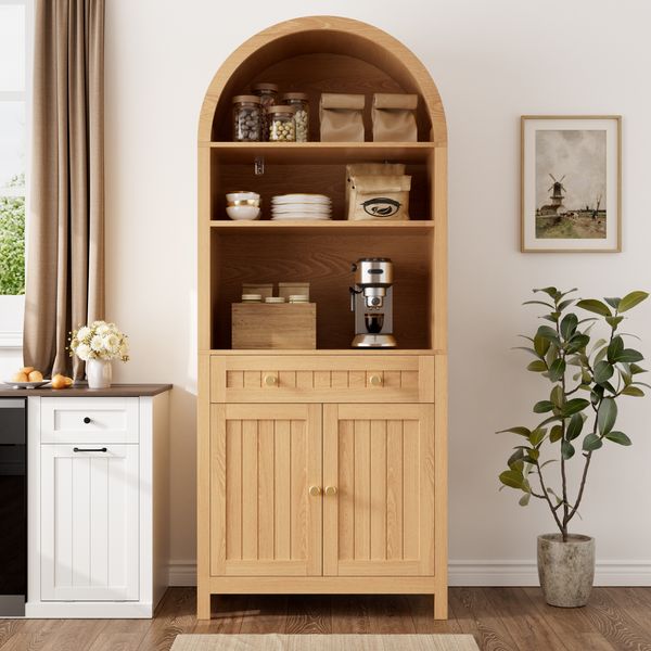 Merax Hoher Stehschrank mit Bogenfront, Sideboard, Hochschrank, Doppeltüren mit Gewürzregalen auf beiden Innenseiten, Natur