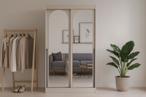 Deine Möbel 24 Schiebetürenschrank MOSSA 120 cm breit mit Spiegel (ideal für Schlafzimmer, Flur & Garderobe, 1-St, Schwebetürenschrank 120 cm breit) Kleiderschrank in Weiß, Schwarz Cashmere