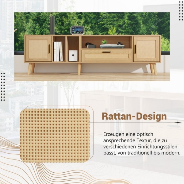 STILVORA TV-Schrank mit Rattanschubladen,TV-Schrank Fernsehschrank mit offene Regale,Natur (für einen 80-Zoll-Fernseher) 180-cm-TV-Schrank Rattan mit 2 Türen und einer Schublade Bild 3