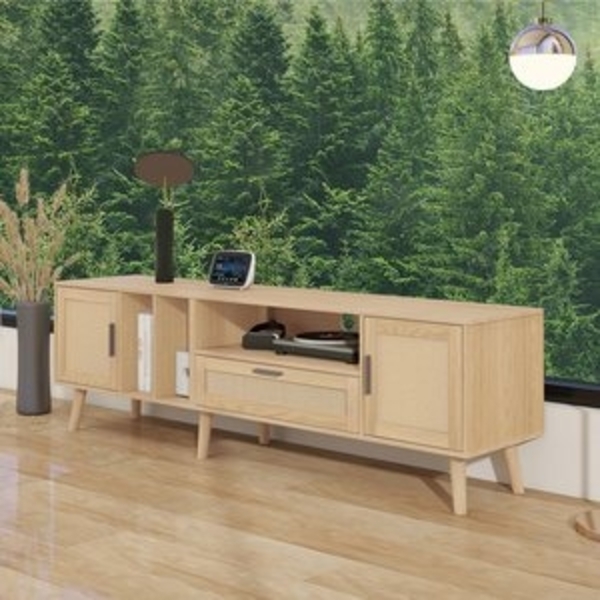 STILVORA TV-Schrank mit Rattanschubladen,TV-Schrank Fernsehschrank mit offene Regale,Natur (für einen 80-Zoll-Fernseher) 180-cm-TV-Schrank Rattan mit 2 Türen und einer Schublade Bild 6