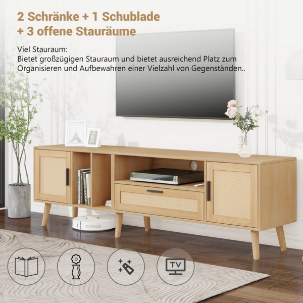 STILVORA TV-Schrank mit Rattanschubladen,TV-Schrank Fernsehschrank mit offene Regale,Natur (für einen 80-Zoll-Fernseher) 180-cm-TV-Schrank Rattan mit 2 Türen und einer Schublade Bild 2