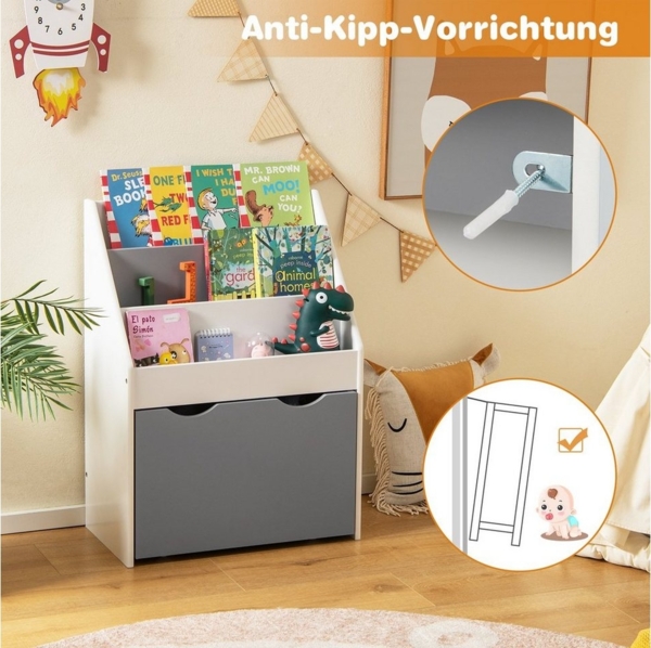 COSTWAY Kinderregal Spielzeugregal, mit 3 Ablagefächer, Box, Rollen, 50 x 28 x 70cm Bild 3