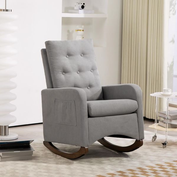 GarveeHome Gepolsterter Schaukelstuhl Mit Stoffbezug, Lesesessel Mit Seitentasche, Loungesessel Mit Hoher Rückenlehne Und Holzbeinen, Für Wohnzimmer Und Schlafzimmer, 66 x 65 x 86 cm