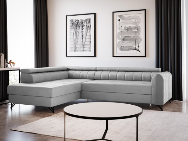 Ecksofa Alice mit Schlaffunktion und Bettkasten, Wohnlandschaft mit einstellbare Kopfstützen, Couch, Sofa, Bettsofa, Schlafsofa (Grau (Paros 05), Ecksofa Links)