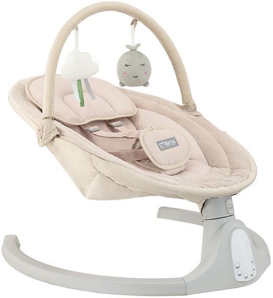 MoMi KENANI SAND Babywippe für Babys bis 9 kg, mit LED-Display, Fernbedienung & Bluetooth für Smartphone, Batterie- oder Stromanschluss, mit 5-Punkt-Sicherheitsgurt, Bügel und Spielzeug