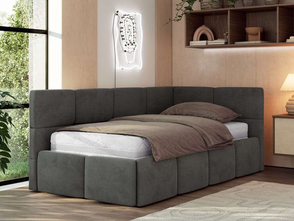 Jugendbett 90x200 ARVO Polsterbett mit Bettkasten, Stauraum & Gasdruckfeder, Modernes Design mit Kopfteil, Multipocket Matratze - Dunkelgrau Velvet - ELORI LUX - Rechts Seite