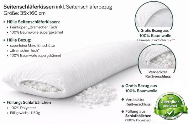 KÜNSEMÜLLER Seitenschläferkissen Seitenschläferkissen/ Schwangerschaftskissen inkl. Gratis- Bezug, Gleichmäßige Stützwirkung, erholsamer Schlaf in jeder Lebensphase
