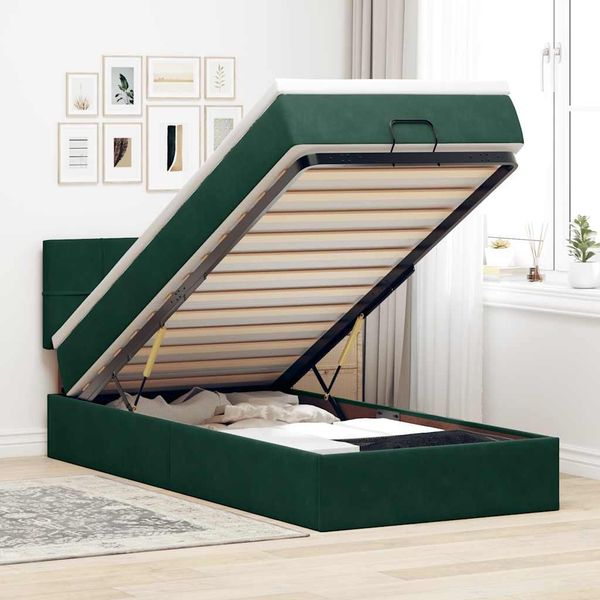 vidaXL Ottoman-Bett mit Matratze & LEDs Dunkelgrün 90x190 cm Samt 3312593