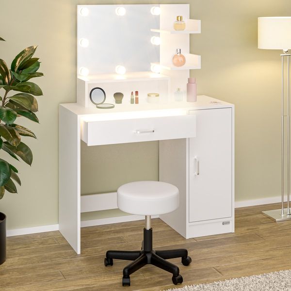 CASARIA® Schminktisch Jocelyn mit Hocker Spiegel LED Beleuchtung 90x40cm Weiß