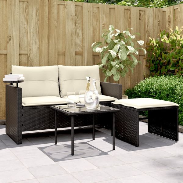 vidaXL 3-tlg. Garten-Sofagarnitur mit Kissen Schwarz Poly Rattan 365457