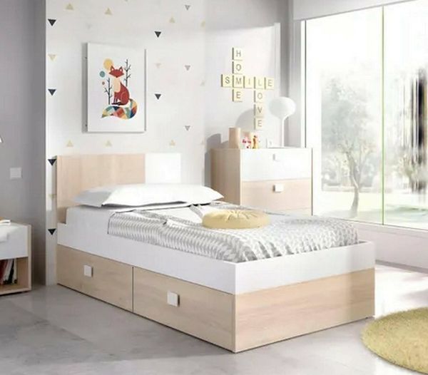Dmora - Einzelbett Fourchon, Struktur des Lagerbetts, Sommier mit Abdeckung, Bettrahmen aus Stoff, 97x196 h79 cm, Weiß und Eiche