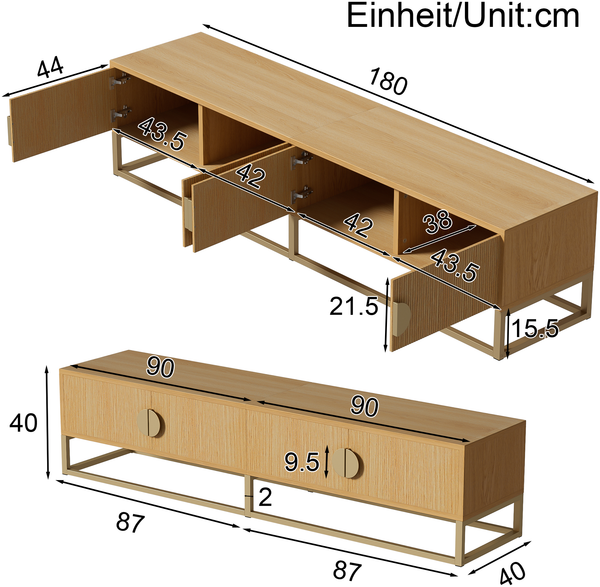 TV-Board MDF/Spanplatte mit Holzmaserung, 4 Türen & Soft-Close, 180x40x40 cm, Holzfarbe Bild 10