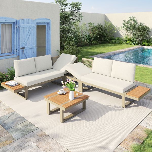 Merax Gartenmöbel-Set mit verstellbarer Kippfunktion, umbaubar 2 Relaxbetten, Stahl / Polyester Beige