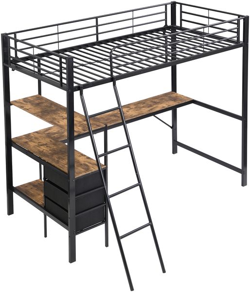 Merax 90x200cm Eisenbett, Etagenbett, Drei Schubladen, Mit 2m langer Tisch, Schräge Leiter mit vier Stufen, Schwarz+Dunkle Walnuss Bild 9