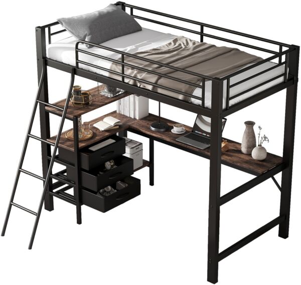 Merax 90x200cm Eisenbett, Etagenbett, Drei Schubladen, Mit 2m langer Tisch, Schräge Leiter mit vier Stufen, Schwarz+Dunkle Walnuss Bild 10