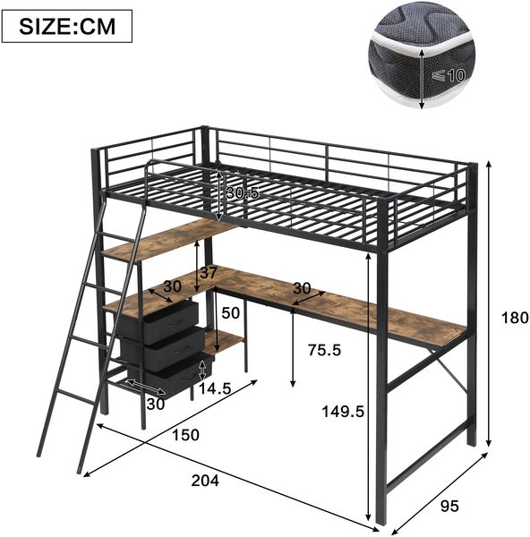 Merax 90x200cm Eisenbett, Etagenbett, Drei Schubladen, Mit 2m langer Tisch, Schräge Leiter mit vier Stufen, Schwarz+Dunkle Walnuss Bild 4