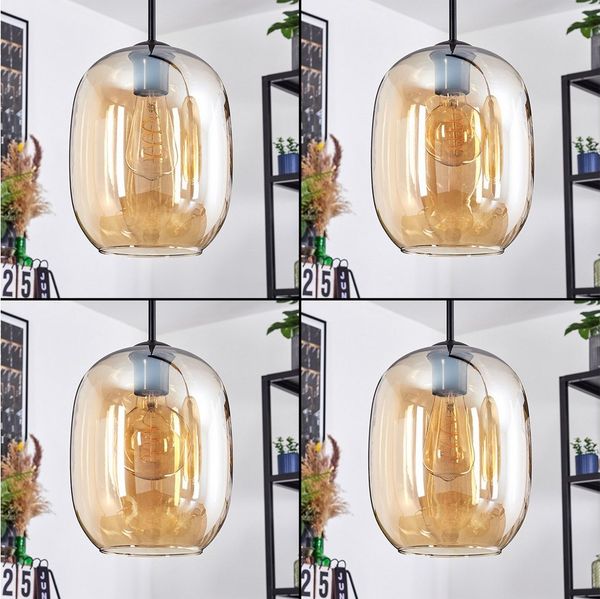 hofstein Hängeleuchte Hängelampe aus Metall/Glas in Schwarz/Bernsteinfarben, ohne Leuchtmittel, Hängeleuchte im Retro/Vintage-Design (20 cm), 3 x E27, max. 125 cm