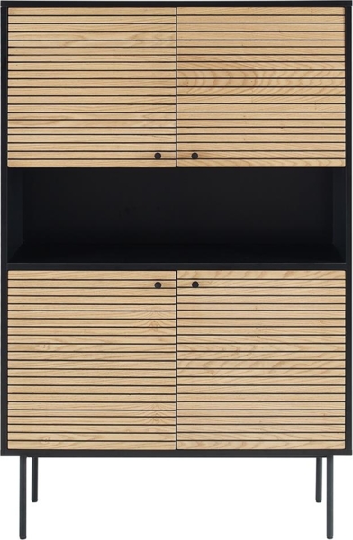 Highboard 100 x 40 cm MDF Schwarz Eichenholzfront geriffelt 4 Türig mit Fach