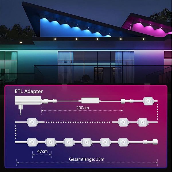 MUPOO LED Stripe LED-Lichterkette 15m/30m RGB LED Streifen Fernbedienung Bluetooth, Permanente Außenbeleuchtung Musik Sync, Timer