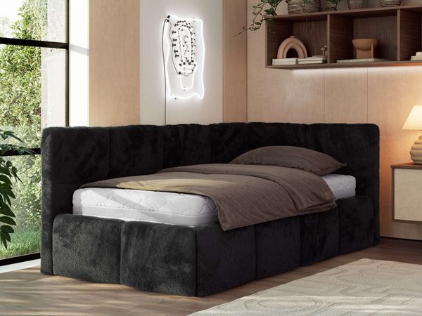 Jugendbett 90x200 ARVO Polsterbett mit Bettkasten, Stauraum & Gasdruckfeder, Modernes Design mit Kopfteil, Pocket Matratze - Schwarz Plüsch - VIRE LUX - Rechts Seite