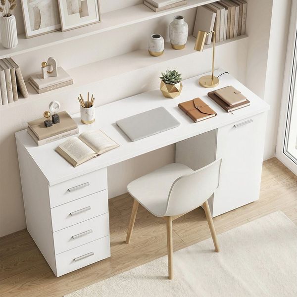 HOMCOM Schreibtisch Moderner Bürotisch (1 Tisch, 1-St, PC Tisch), 140 cm breit, 4 Schubladen, Schrank, höhenverstellbares Regal