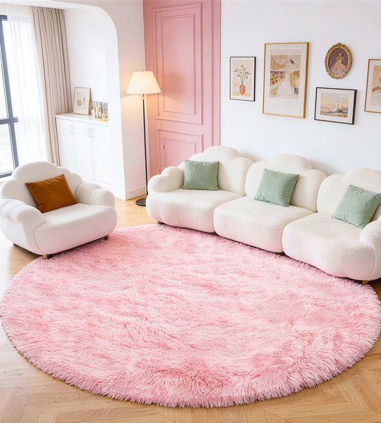 ROHATIM Teppich Schlafzimmer Rund 150 cm Rosa Waschbar Rutschfester Runder Hochflorteppich Wohnzimmer Kinderzimmer Mädchen Flauschig