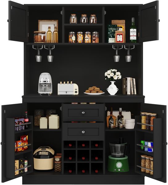 MODFU Hochschrank Multifunktionales,Sideboard (mit 4 Türen, 2 Schubladen, verstellbaren Ablagen & Weinregal – Multifunktionaler Küchenschrank im modernen Design, 120*40*188CM) Kippschutz