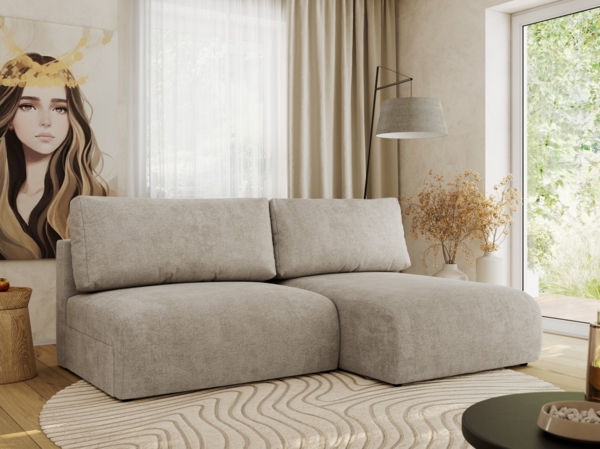 Ecksofa mit Schlaffunktion, lockere Kissen, Wohnzimmerecke mit L-förmigem und Bettkästen, Wellenfeder auf dem Sitz - VIVO - Beige Struktur - rechte Seite