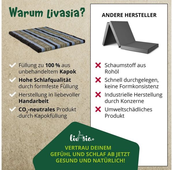 Klappmatratze Klappmatratze 140 cm (Classic) vegan und handgefertigt, 200x140x8cm, livasia, Kapok Bild 4