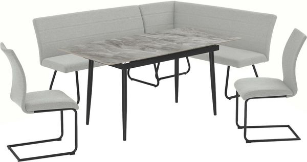 OTTO home Eckbankgruppe Stevian, (Set, 4-tlg, 1 ausziehbarer Esstisch + 1 Eckbank Recamiere links + 2 Stühle), Holz, Strukturstoffbezug, Freischwingerstühle, gesteppten Bänken