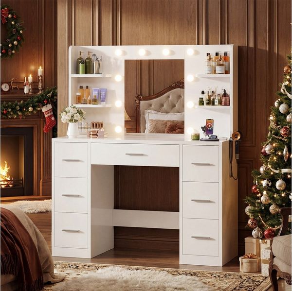 Furnicopia Schminktisch Schminktisch mit LED-Beleuchtung und Steckdosen (Abmessungen: 110 × 40 × 137 Zentimeter Ausstattung: 10 kugelförmige Leuchten mit einstellbarer Helligkeit, 7 Schubladen, 4 offene Staufächer, 1 USB- und 1 Typ-C-Ladeanschluss, 1 F...