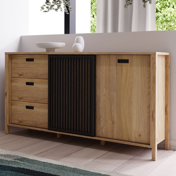 Forte JYTANA Sideboard 170 180, skandinavisches Sideboard mit 3 Schubladen und 2 Schranktüren, Holzwerkstoff, Mauvella Eich Holzdekor / Schwarz, 174,8 cm breit x 91,5 cm hoch x 40,2 cm tief