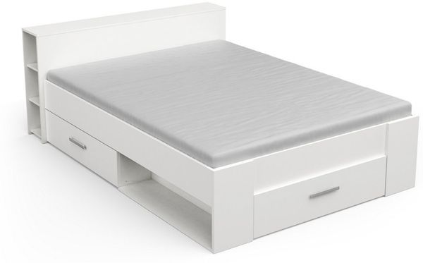 Calicosy Weißes Doppelbett mit 3 Schubladen und Nischen 140x190 cm - Pocket - Weiß matt