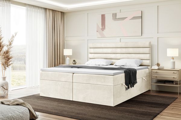 MEBLINI Boxspringbett KARIM 200x220 cm mit Bettkasten - H4/Creme Samt Polsterbett - Doppelbett mit Topper & Taschenfederkern-Matratze