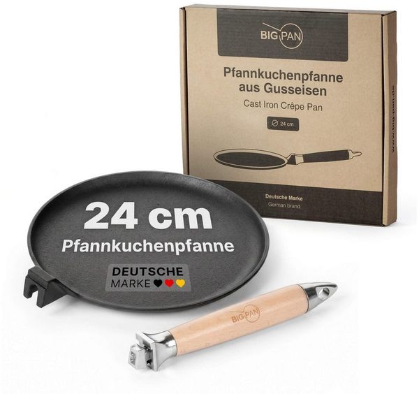 BIG-PAN Crêpepfanne Premium Pfannkuchenpfanne Gusseisen 24 cm Induktion abnehmbarer Griff, Gusseisen (Crêpes Pfanne Gußeisenpfanne Eisenpfanne, Cast Iron Pan), Induktion Holzgriff backofenfest UNBESCHICHTET