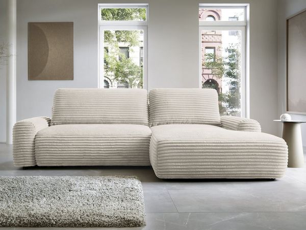 Goldstoff Ecksofa mit Schlaffunktion und Bettkasten, Cord Sofa - Modernes Schlafsofa, L-Form Schlafsofa mit Schlaffunktion und Bettkasten, moderner Cordstoff 2 Teile, pflegeleichtes Cordsofa mit Schlaffunktion in cremefarben