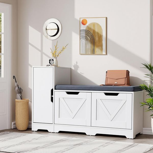 YITAHOME Sitzbank mit Stauraum, Schuhbank, Schuhschrank mit Sitzbank, Schuhregal mit seitlichem Hochschrank und Tür, Gepolsterter Sitz, Flur, Schlafzimmer und Eingangsbereich, 105 x 37 x 65.5 cm, Weiß