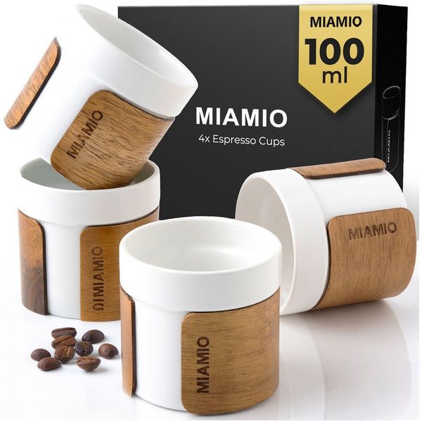MiaMio Espressotasse ohne Henkel mit Holzmanschette, 100 ml, Weiß, 4-tlg, Keramik