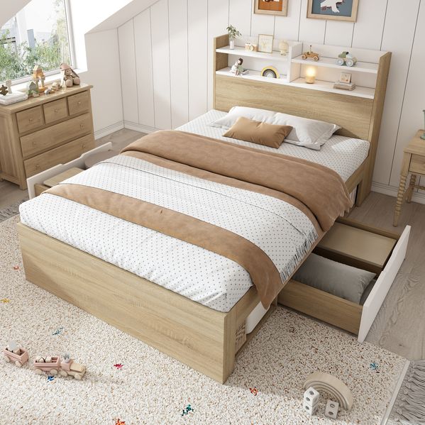 Holzbett 90x200 cm mit Kopfteil-Ablage, Schubladen und offenen Fächern – Stauraumbett in Weiß/Eiche