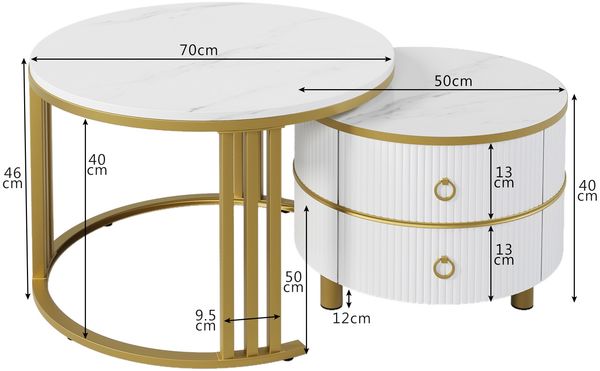 Couchtisch-Set rund 70 x 70 x 46 & 50 x 50 x 40 cm, 2-teilig mit Schubladen, MDF in Weiß Bild 5