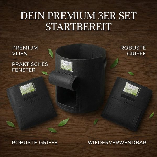 Onbest Pflanzkübel Premium Pflanzsack Pflanztaschen 3er & 6er Set 30 Liter (3 St), ⌀ 34 cm, 35 cm Höhe, 420g/m² hochwertiger Vliesstoff, Griffe