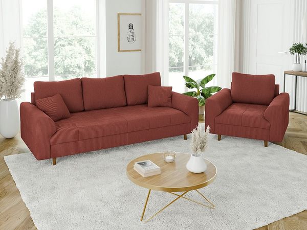 S-Style Möbel Polstergarnitur 3+1 Zara mit Braun Holzfüßen im skandinavischen Stil aus Cord-Stoff, (1x 3-Sitzer-Sofa, 1x Sessel), mit Wellenfederung