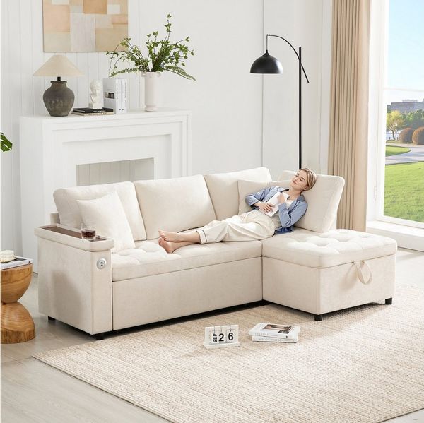 i@home Ecksofa L-Sofa, Schlafsofa,Beige/Grau, mit Stauraum, USB-Ladegerät, Armlehnen-Stauraum und 2 Kissen