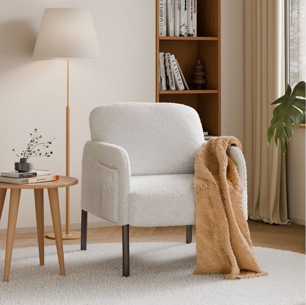 Mondeer Sessel, Freizeitsessel mit Weiß Lammwollstoff und Schwarzes Metallgestell