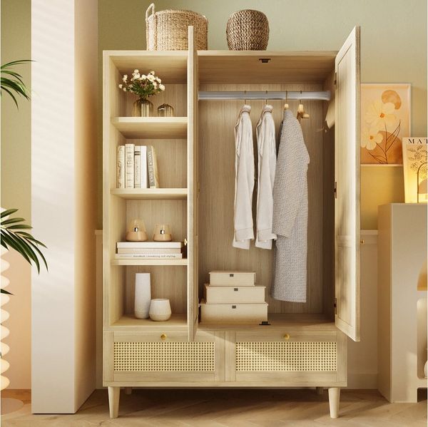 REDOM Kleiderschrank Praktisches Kleidersystem mit offenen & geschlossenen Fächern (Packung, 1-St, Mit Kippsicherung für zusätzliche Sicherheit im Kinder) In Eicheoptik mit Rattan, 180x120x50 cm,Kleiderstange & 2 Schubladen