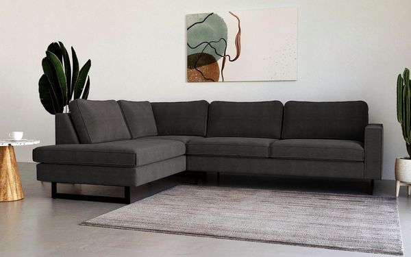 Places of Style Ecksofa Pinto, 290 cm, Cord, Chenille, Lederoptik, Ottomane links / rechts, mit Keder, schwarze Metallfüße, Wellenunterfederung